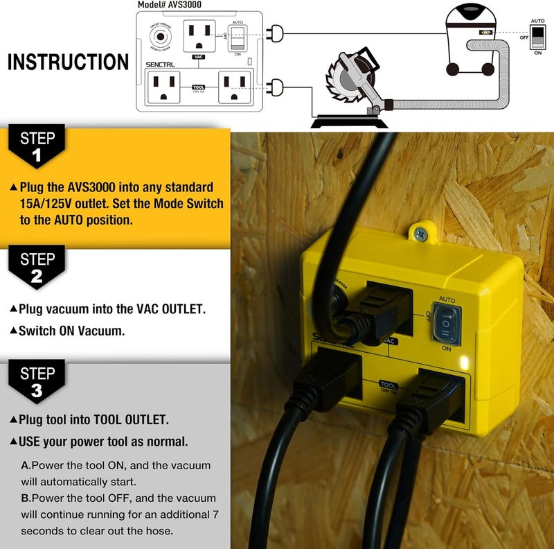 senctrl Automatic Vacuum Switch for Power Tools to Turn Dust Collector On and Off Automatically, Auto Switch for Woodworking Table Saw, Delay Shut Off Shop Vac, Safety Overload Circuit Breaker - Image 5